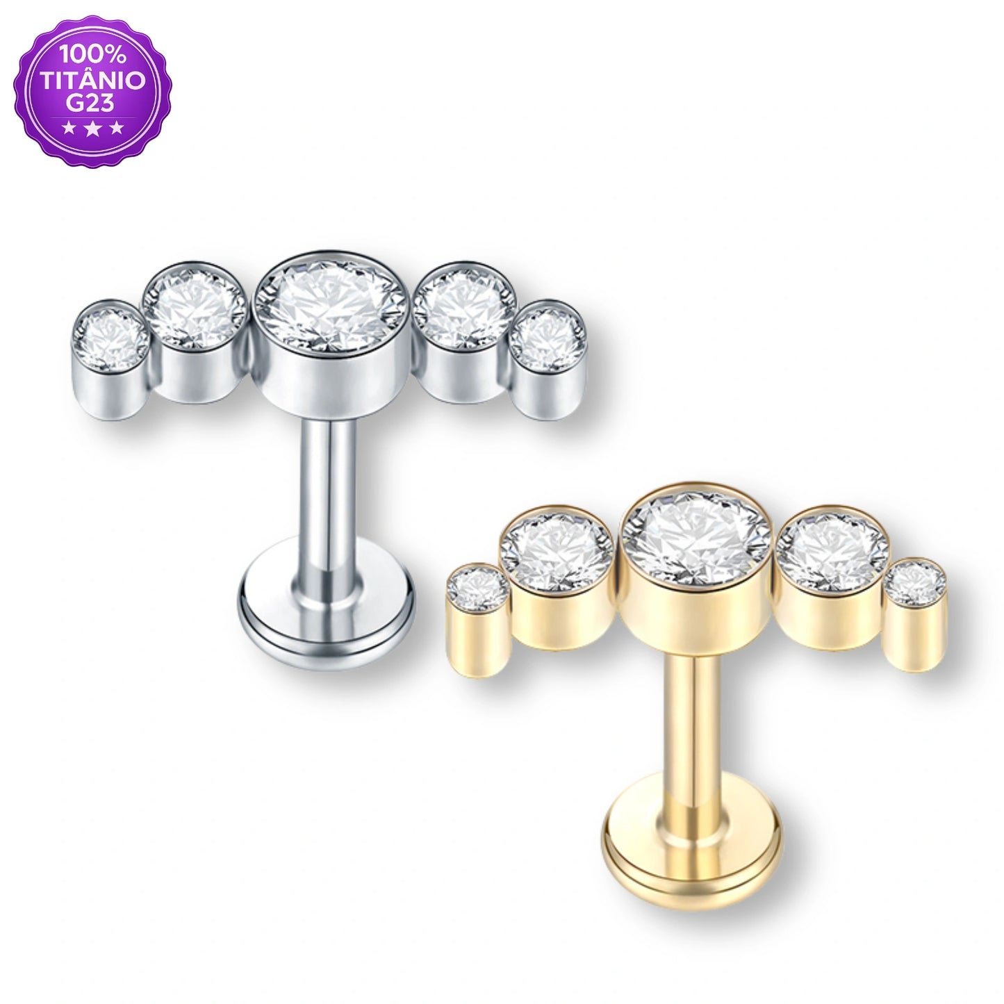 Piercing Labret de Titânio Cluster Curvo com 5 Zircônias Redondas