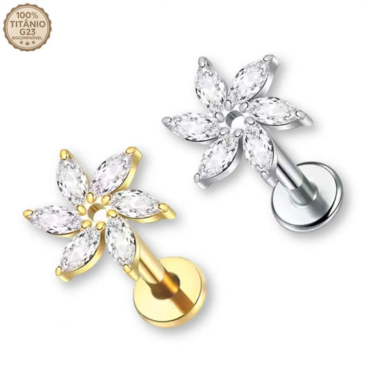 Piercing Labret de Titânio com 6 Zircônias em Formato de Flor