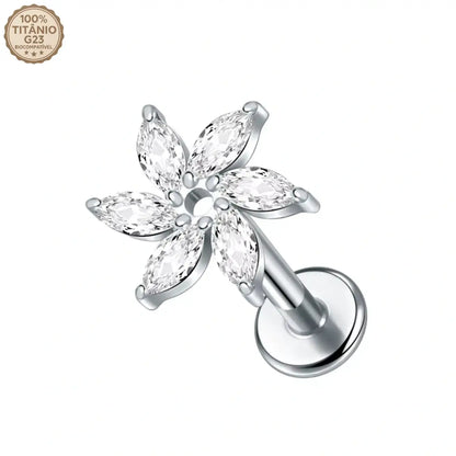 Piercing Labret de Titânio com 6 Zircônias em Formato de Flor