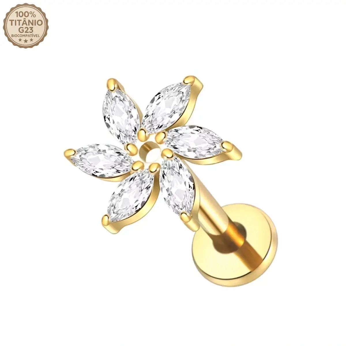 Piercing Labret de Titânio com 6 Zircônias em Formato de Flor