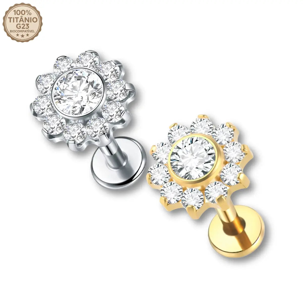 Piercing labret de titânio circular formato flor com zircônias - acabamentos prateado e dourado