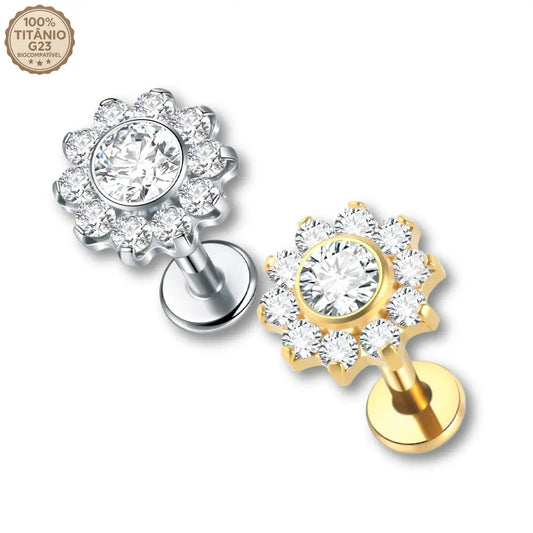 Piercing labret de titânio circular formato flor com zircônias - acabamentos prateado e dourado
