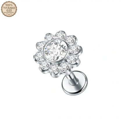 Piercing labret de titânio circular formato flor prateado - vista detalhada com rosca
