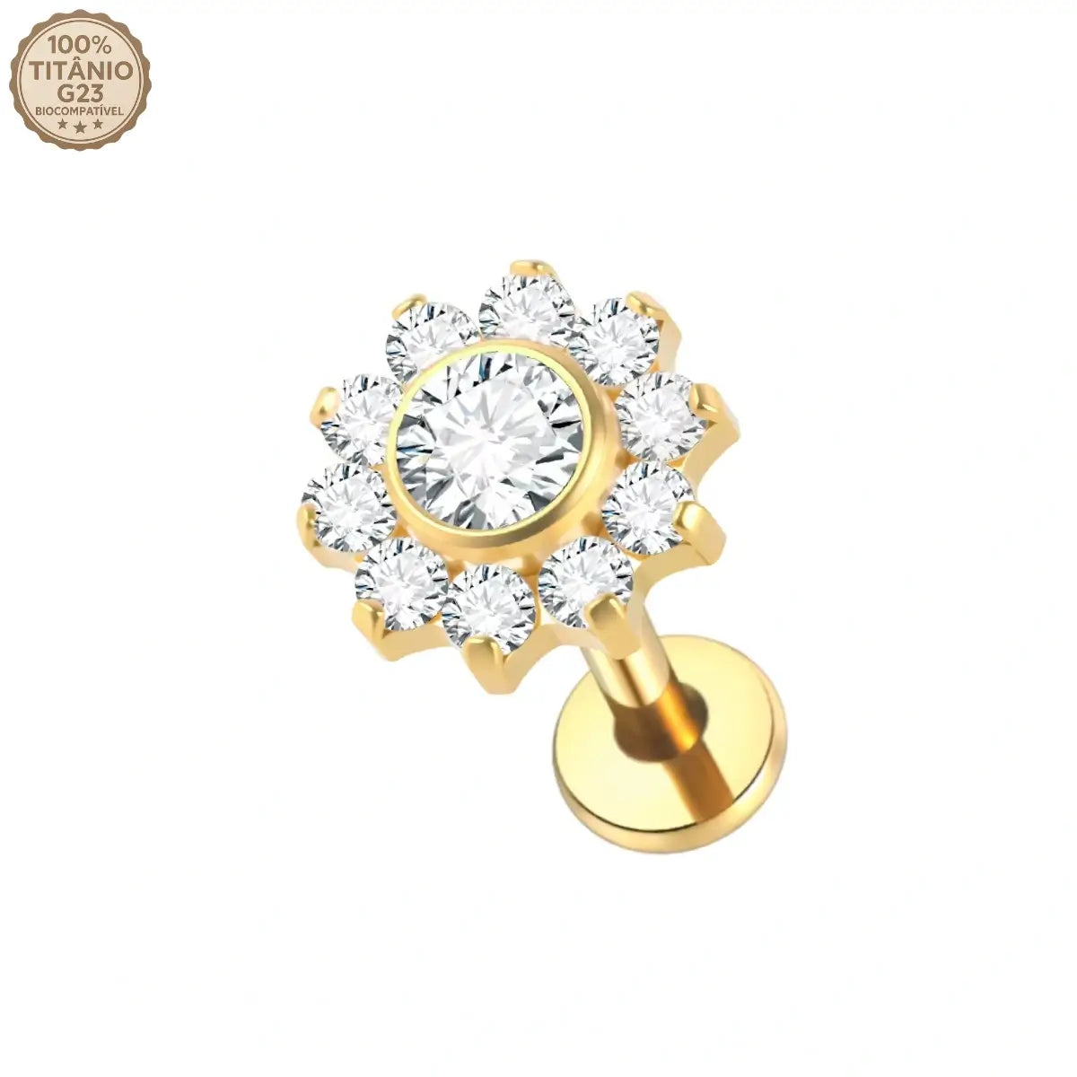Piercing labret de titânio circular formato flor dourado - vista detalhada com rosca