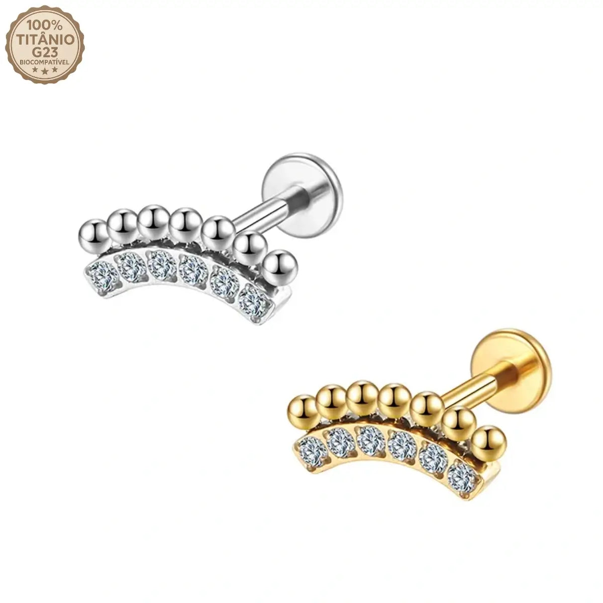 Piercing Labret de Titânio Cluster Curvo G23 prateado, com zircônias cravejadas, da Piercing Lab