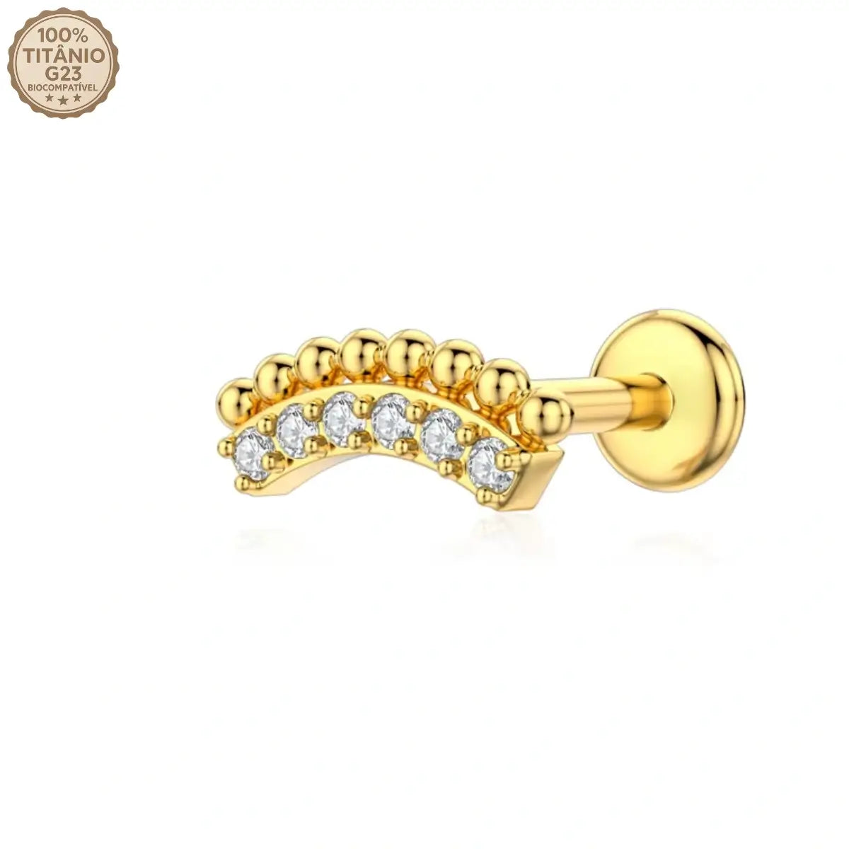 Piercing labret cluster curvo em Titânio G23 PVD Gold com zircônias, acabamento de alta joalheria