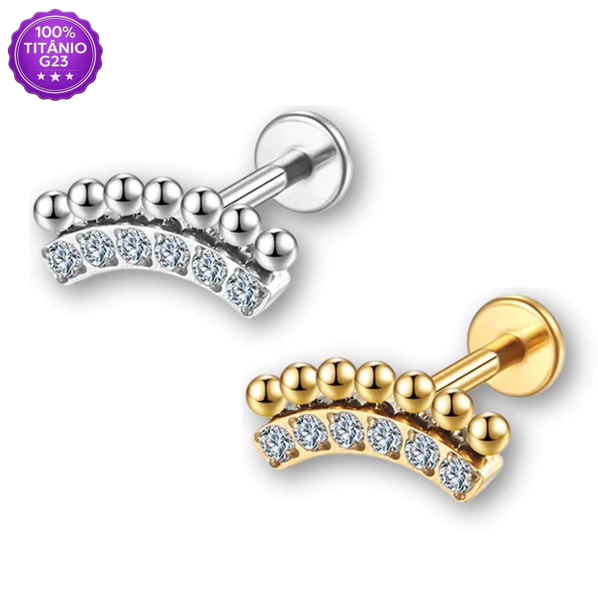 Piercing Labret de Titânio Cluster Curvo com Zircônia e Detalhes