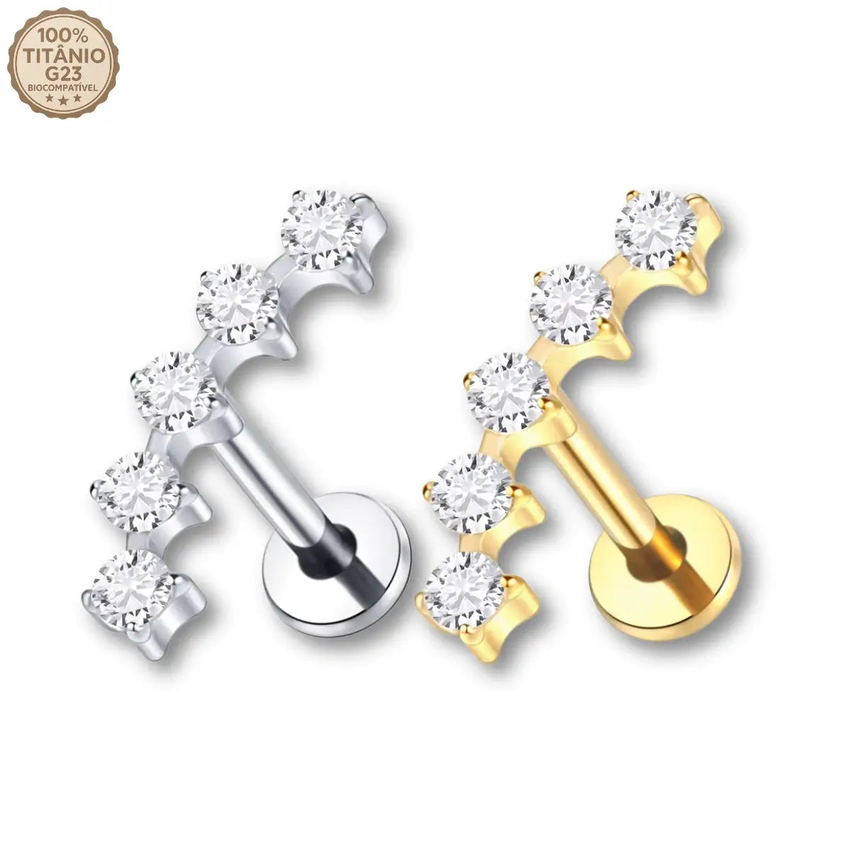 Piercing labret de titânio G23 com cluster espaçado de 5 zircônias nas cores prata e dourado