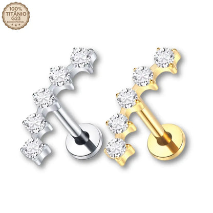 Piercing labret de titânio G23 com cluster espaçado de 5 zircônias nas cores prata e dourado