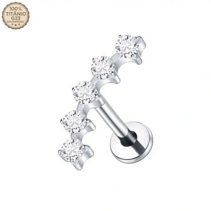 Piercing labret de titânio cor prata com cluster espaçado de 5 zircônias brilhantes