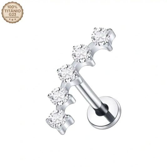 Piercing labret de titânio cor prata com cluster espaçado de 5 zircônias brilhantes