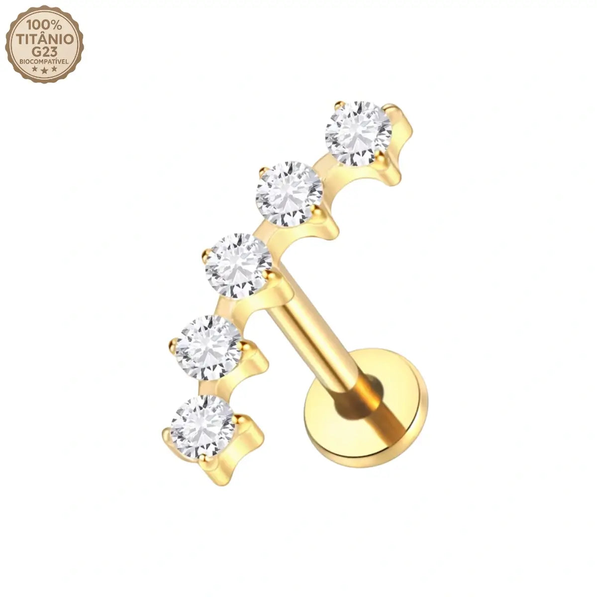 Piercing labret de titânio cor dourada com cluster espaçado de 5 zircônias brilhantes
