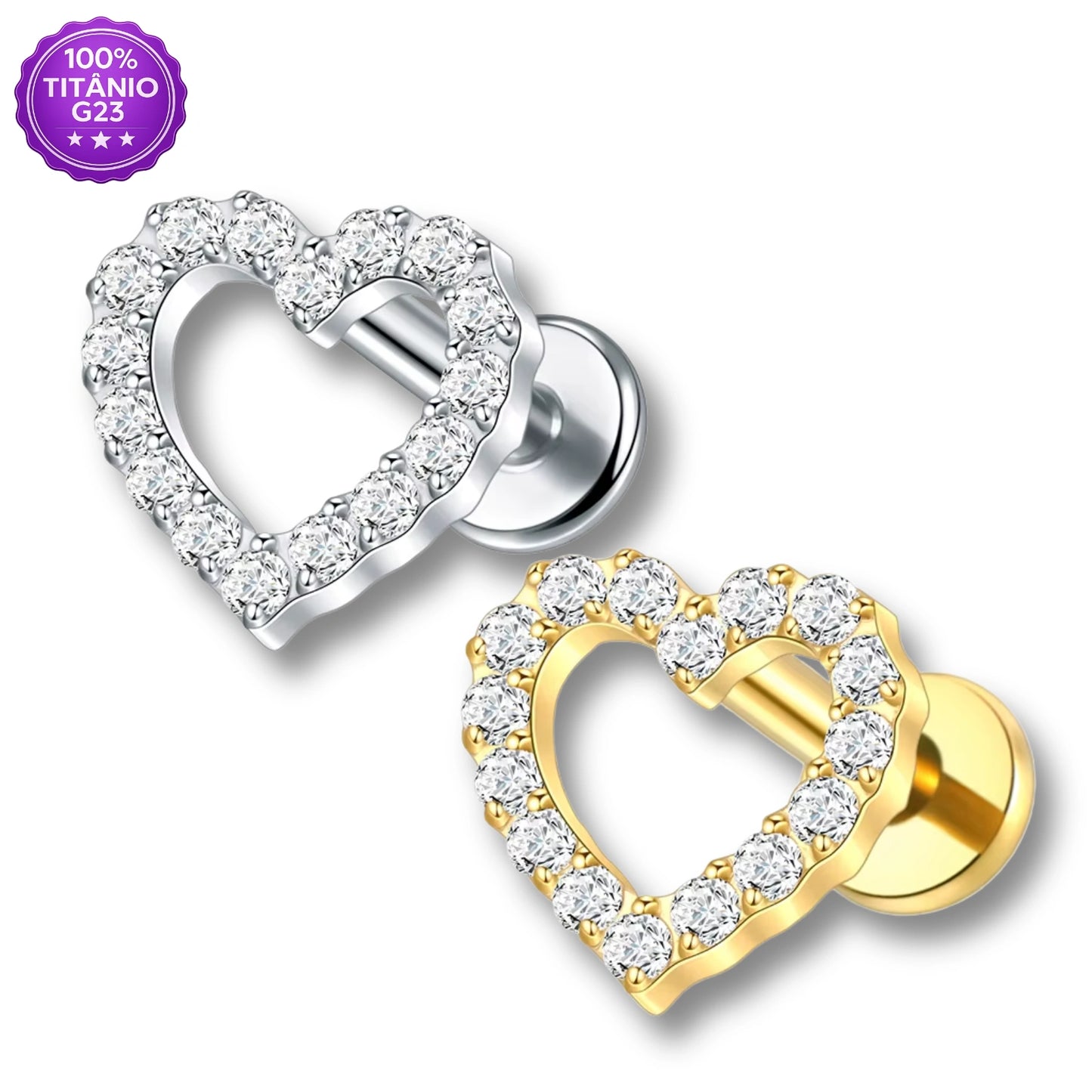 Piercing Labret de Titânio Coração em Zircônia