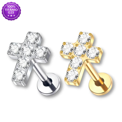 Piercing Labret de Titânio G23 Cruz Cravejada em Zircônia