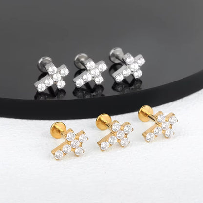 Piercing Labret de Titânio G23 Cruz Cravejada em Zircônia
