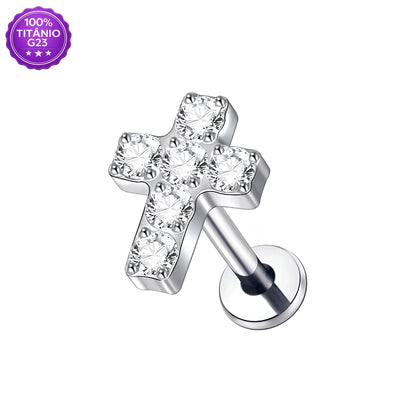 Piercing Labret de Titânio G23 Cruz Cravejada em Zircônia