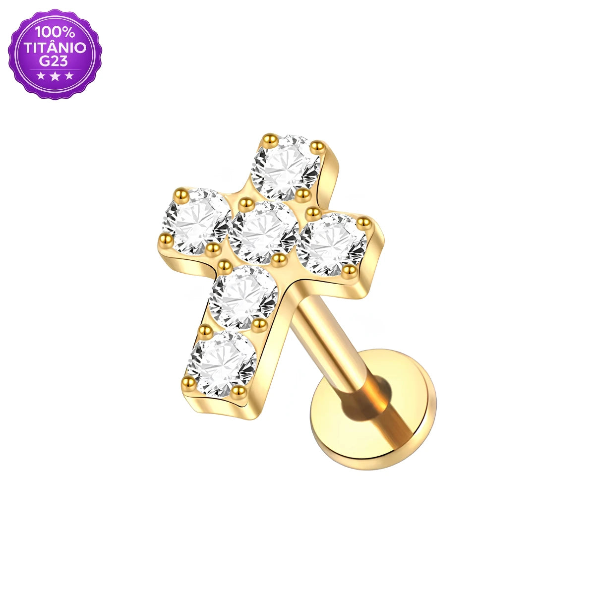 Piercing Labret de Titânio G23 Cruz Cravejada em Zircônia