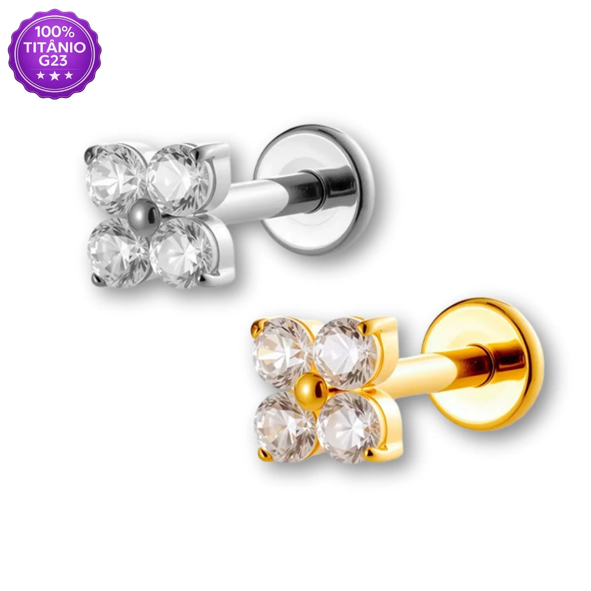Piercing Labret Titânio G23 Flor com 4 zircônias