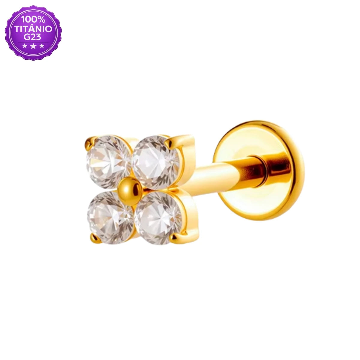 Piercing Labret Flor dourado com 4 zircônias