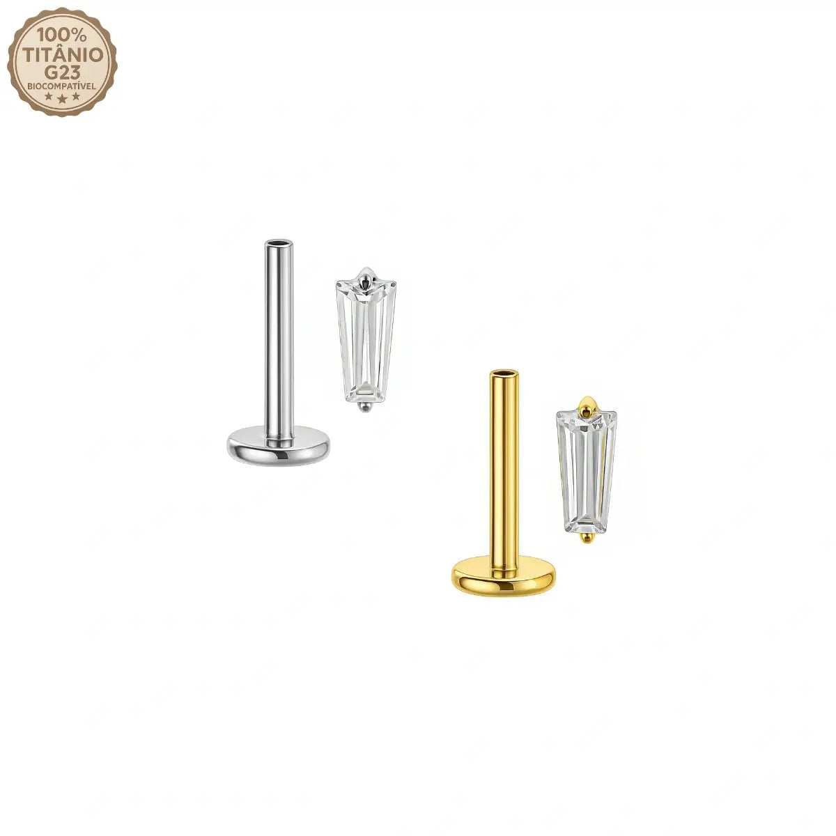 Piercing Labret de Titânio com Pedra Retangular de Zircônia nas cores prata e dourado