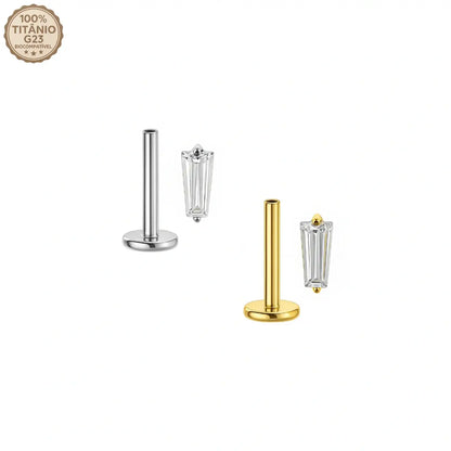 Piercing Labret de Titânio com Pedra Retangular de Zircônia nas cores prata e dourado