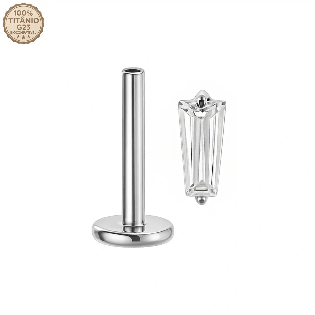 Piercing Labret de Titânio com Pedra Retangular de Zircônia cor prata