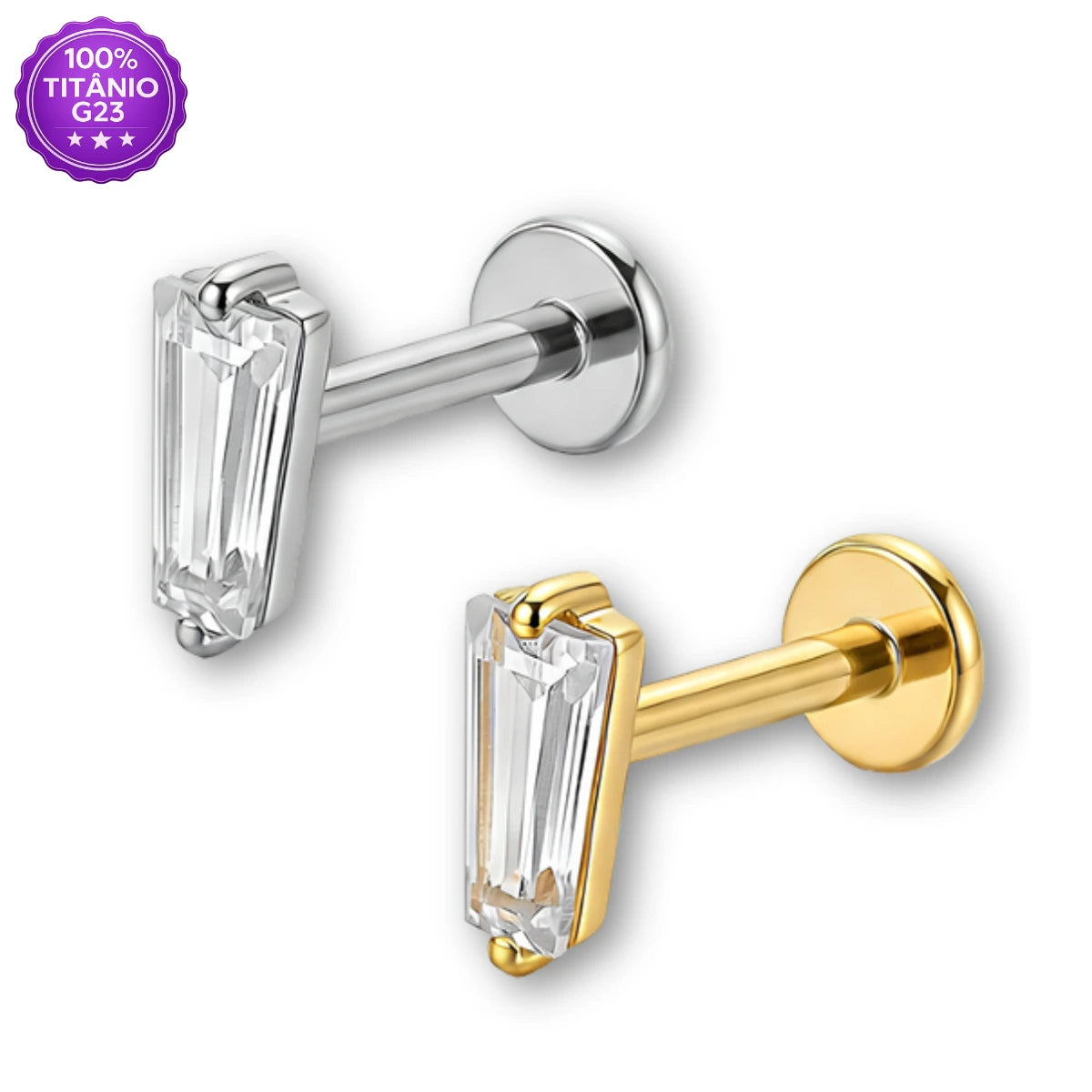 Piercing Labret de Titânio com Pedra Retangular Baguete de Zircônia