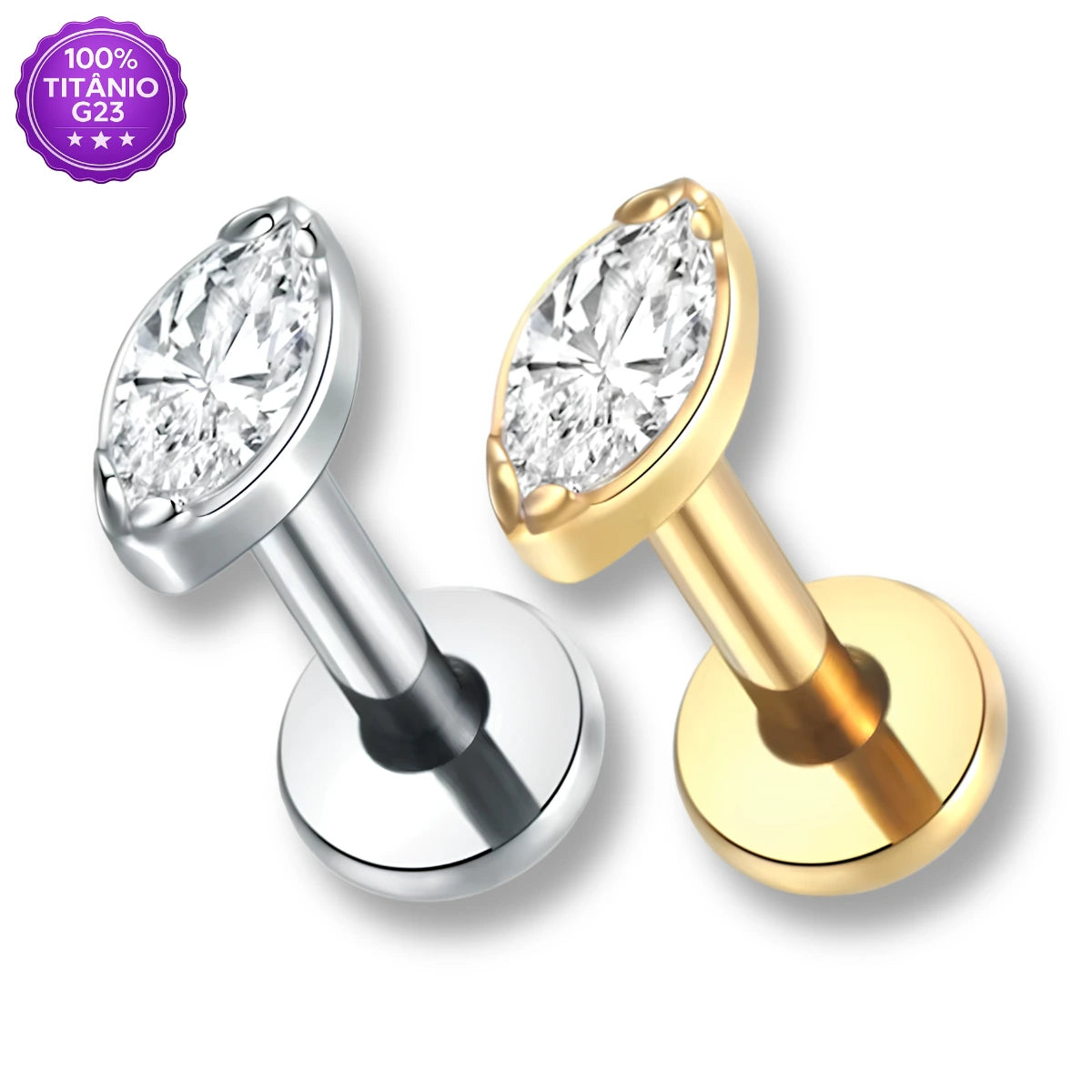 Piercing Labret Titânio G23 Zircônia Marquise Rosca Interna