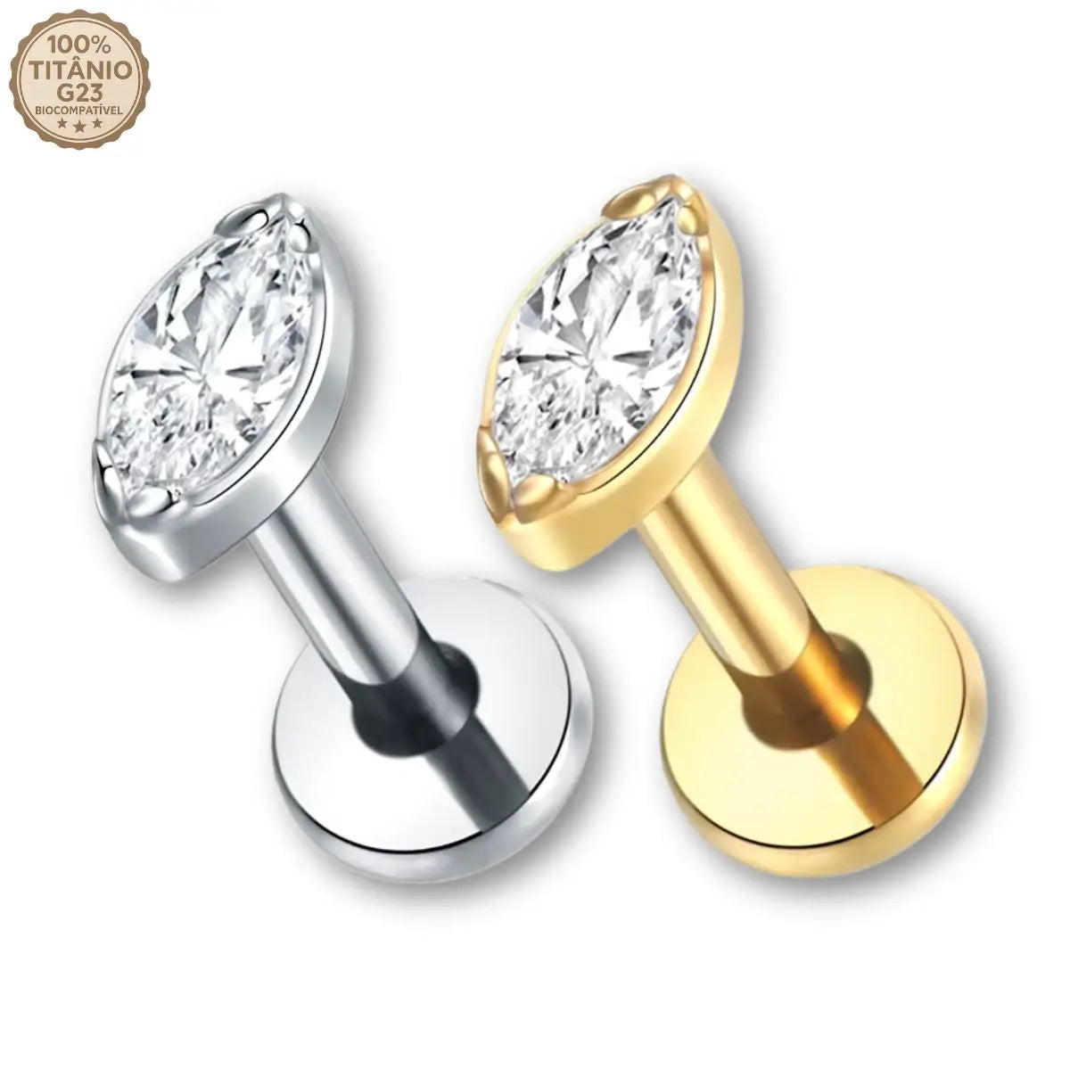 Piercing Labret em Titânio G23 com Pedra Zircônia Navete (Marquise)