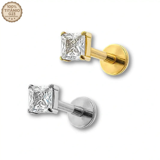 Piercing Labret de Titânio Ponto de Luz em Zircônia Quadrada nas cores dourado e prata