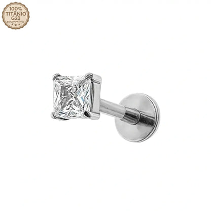 Piercing Labret de Titânio Ponto de Luz em Zircônia Quadrada cor prata