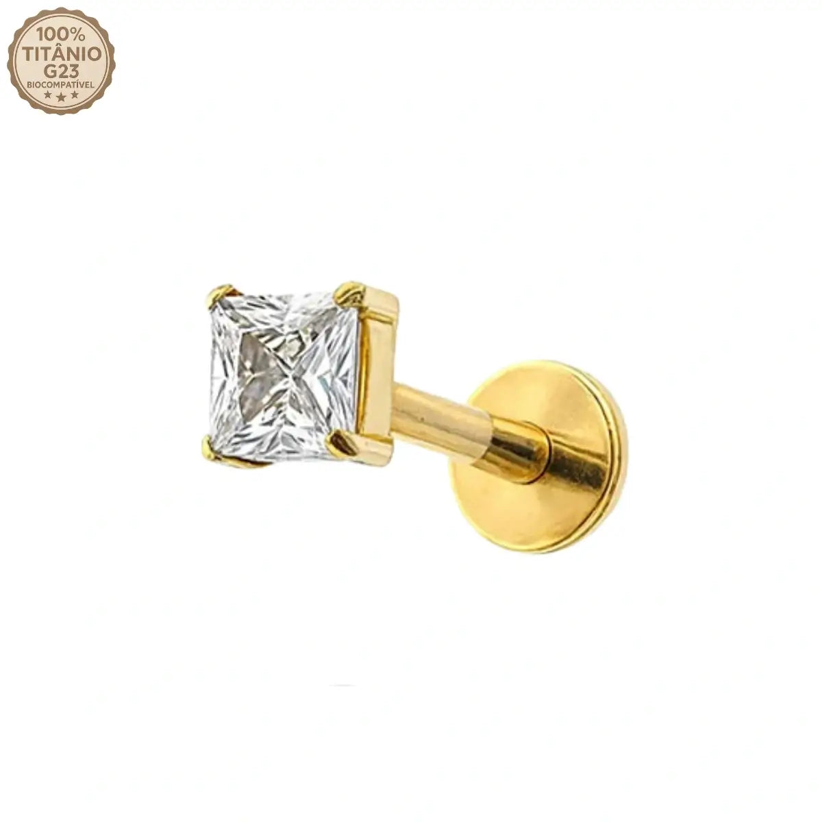 Piercing Labret de Titânio Ponto de Luz em Zircônia Quadrada cor dourado