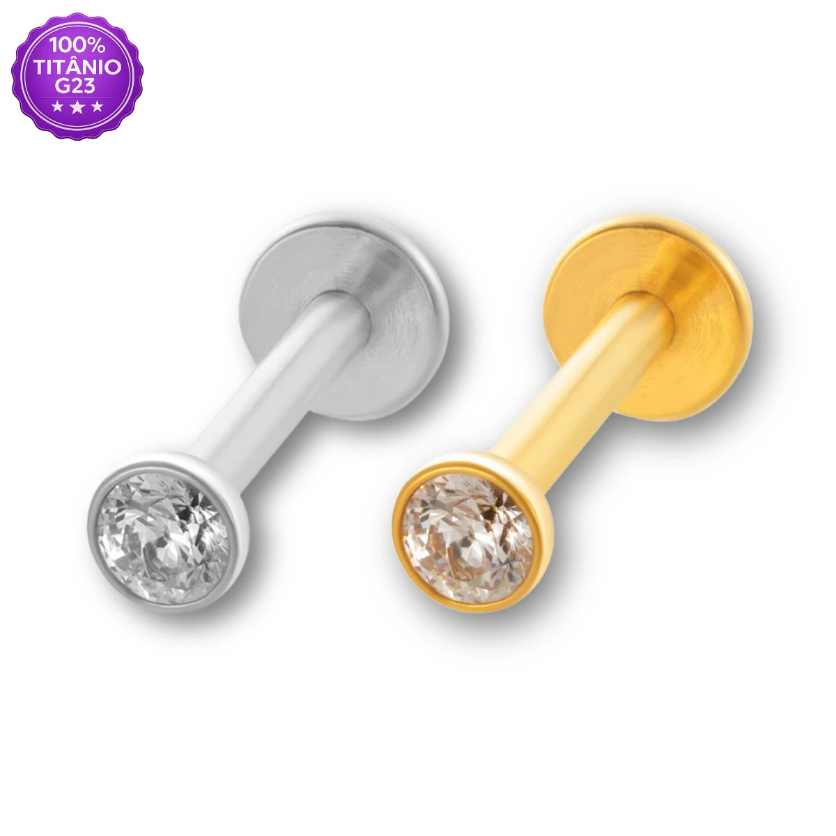 Piercing labret ponto de luz em Titânio G23 Push Pin nas cores prateado e dourado com zircônia