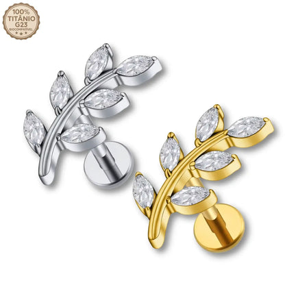 Piercing labret de titânio G23 design ramo com 6 zircônias em formato de folhas nas cores prata e dourado
