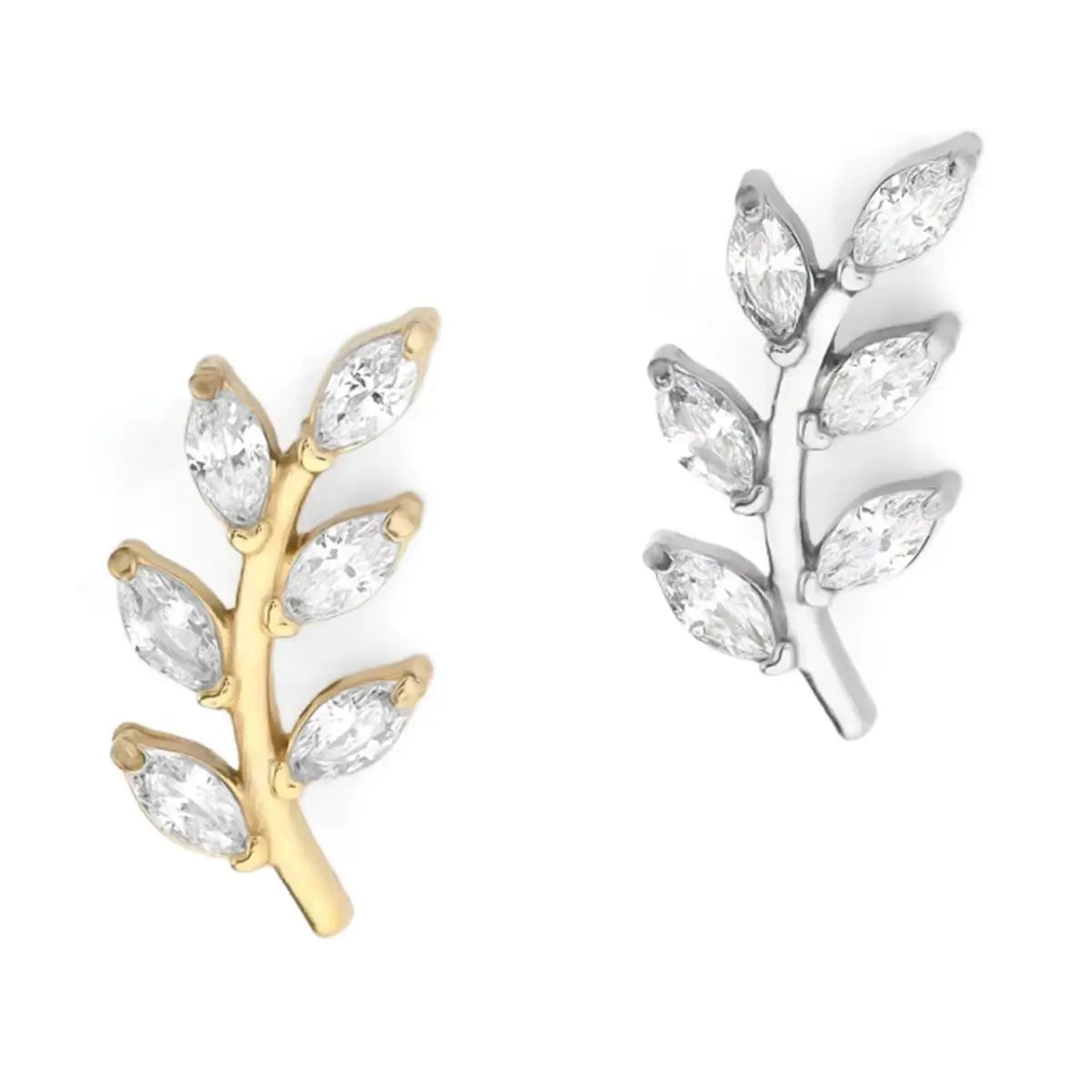 Piercings labret de titânio design ramo com 6 zircônias em formato de folhas nas cores dourado e prata sobre fundo branco