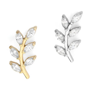 Piercings labret de titânio design ramo com 6 zircônias em formato de folhas nas cores dourado e prata sobre fundo branco