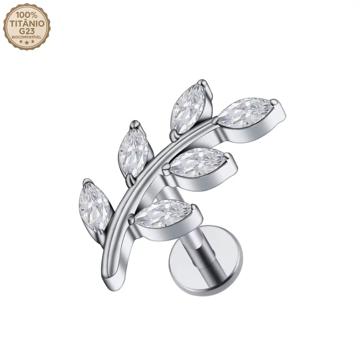 Piercing labret de titânio cor prata design ramo com 6 zircônias em formato de folhas