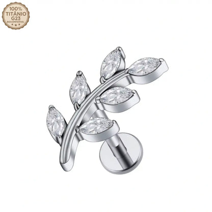 Piercing labret de titânio cor prata design ramo com 6 zircônias em formato de folhas
