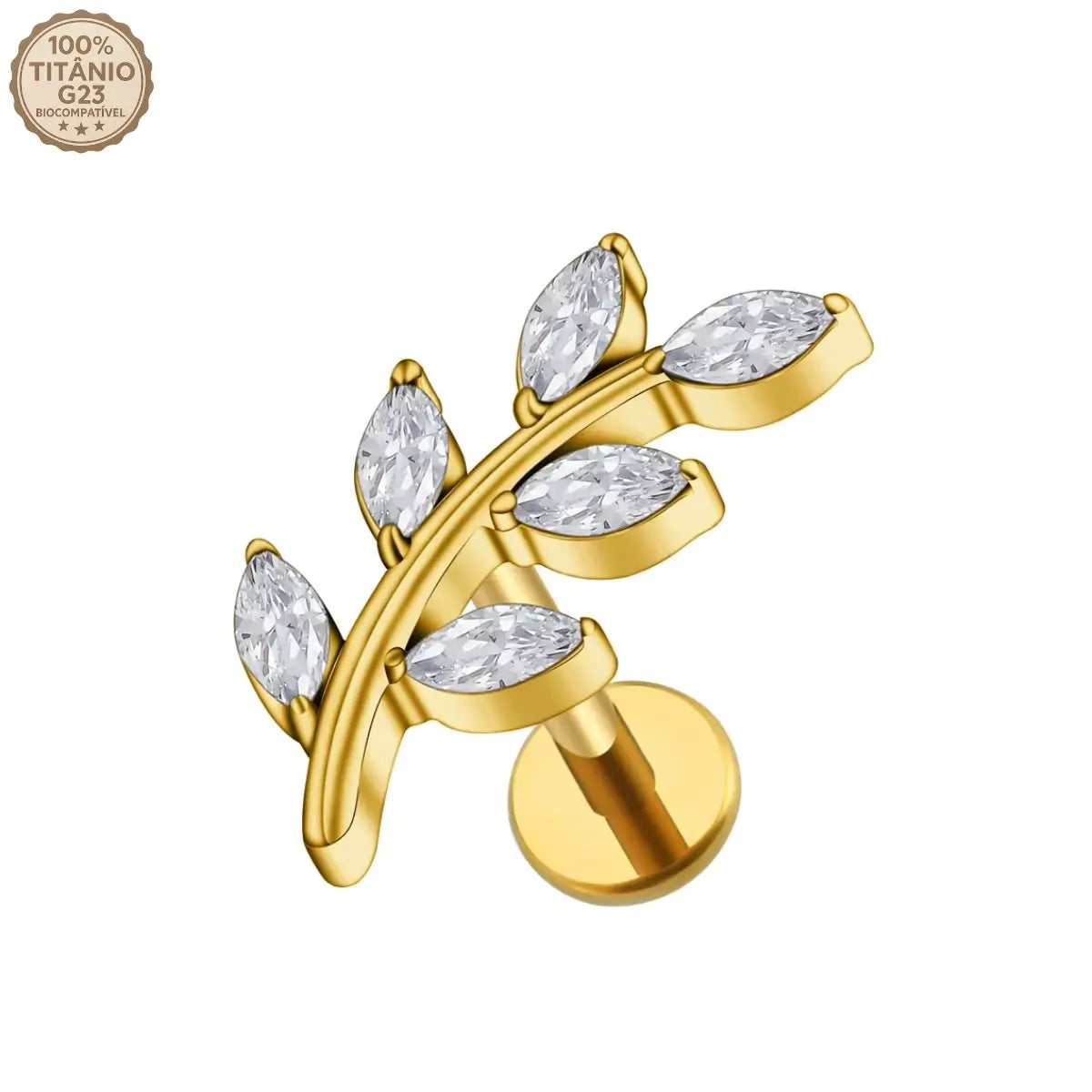Piercing labret de titânio cor dourada design ramo com 6 zircônias em formato de folhas