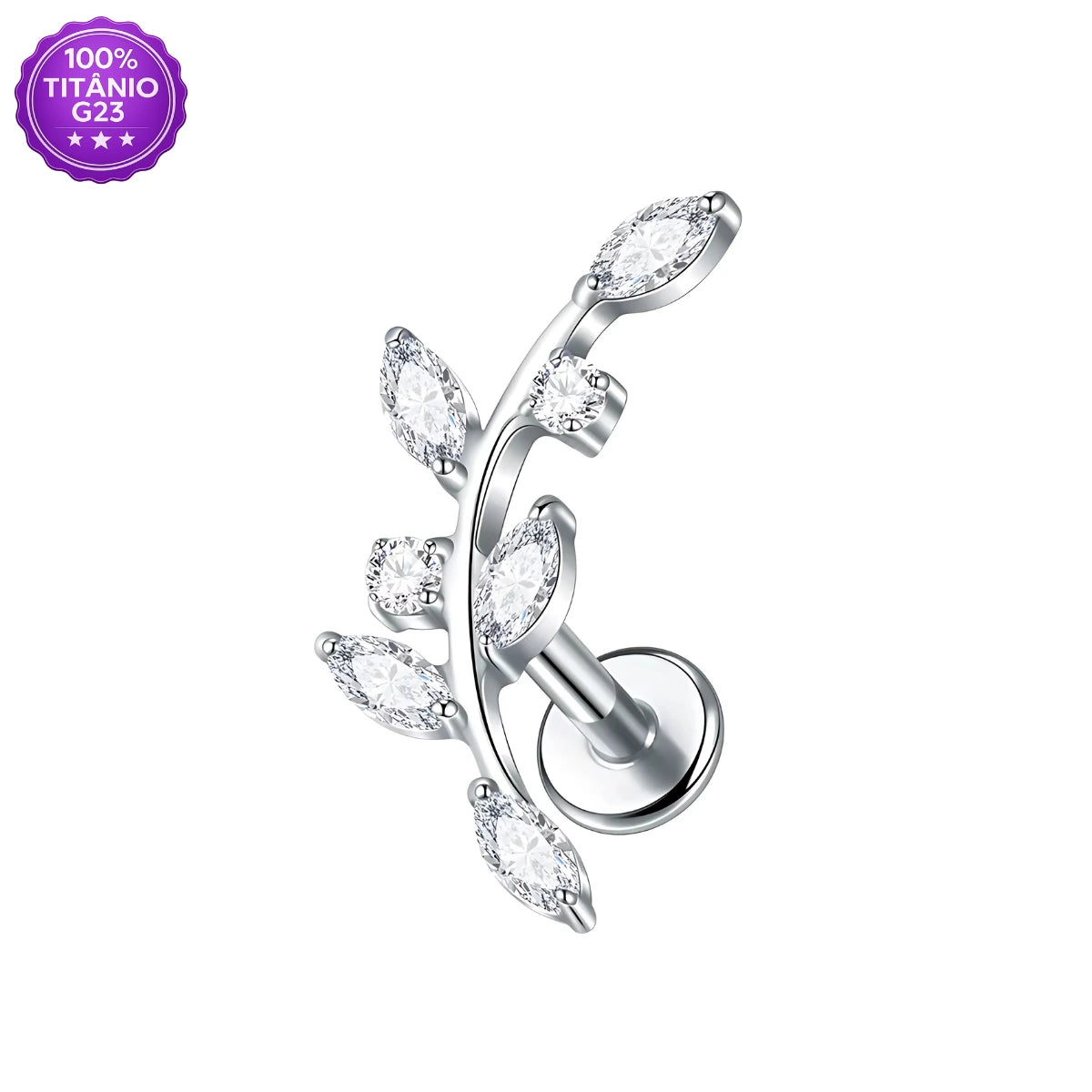 Piercing Labret de Titânio G23 Ramo Floral com 7 Zircônias