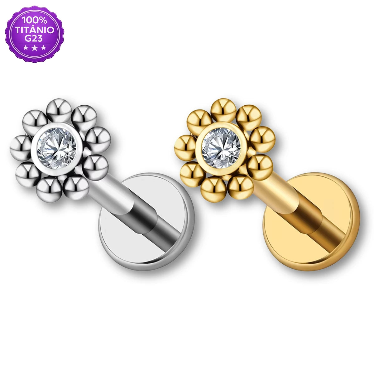 Piercing Labret Titânio G23 Redondo com Zircônia Central