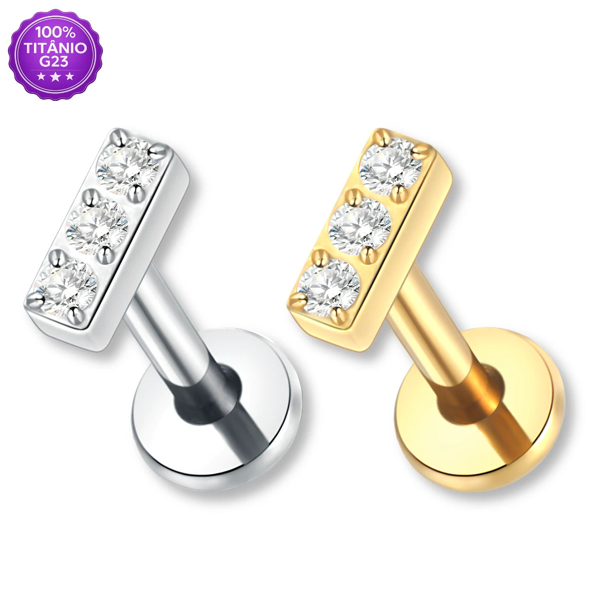 Piercing Labret de Titânio Retangular com 3 Zircônias
