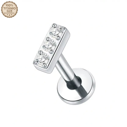 Piercing Labret de Titânio Retangular com 3 Zircônias
