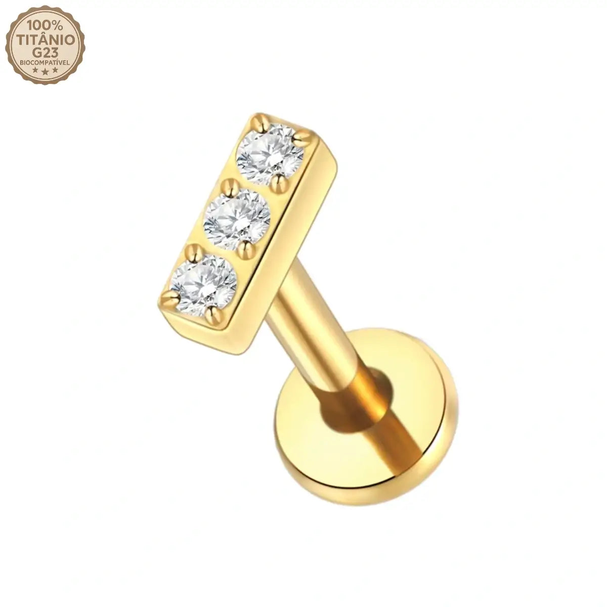 Piercing Labret de Titânio Retangular com 3 Zircônias