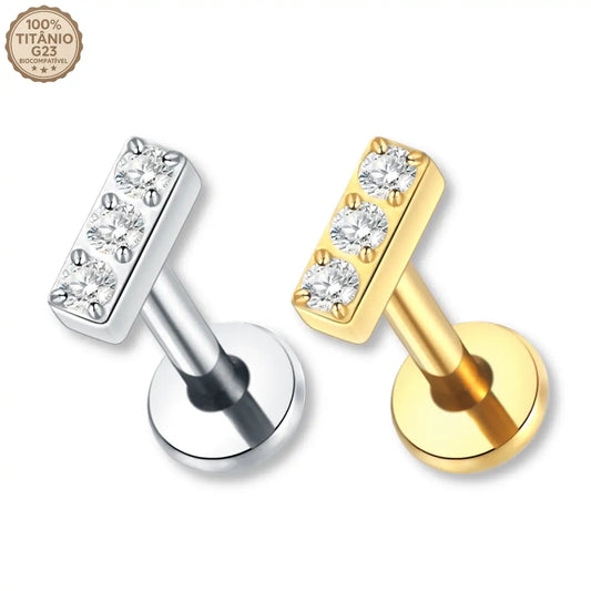 Piercing Labret de Titânio Retangular com 3 Zircônias