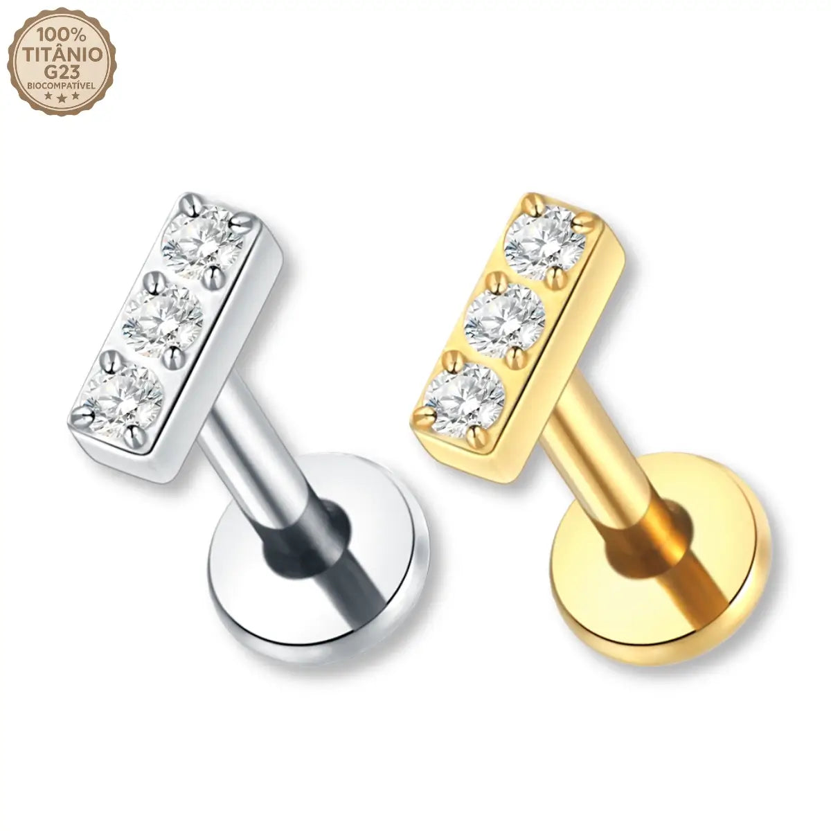 Piercing Labret de Titânio Retangular com 3 Zircônias