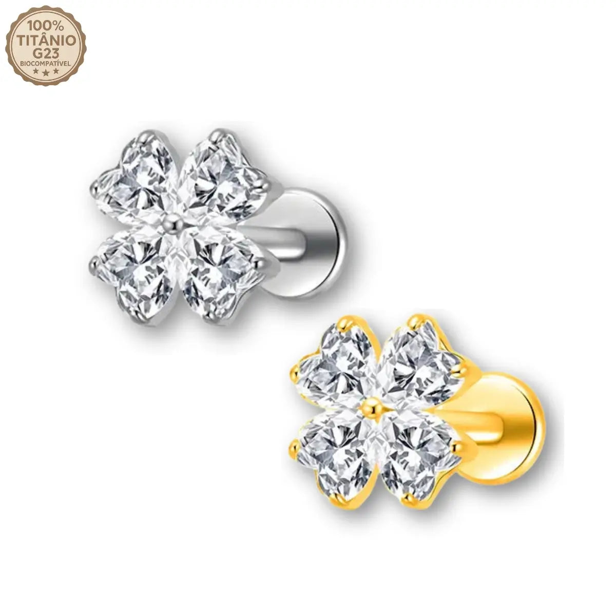 Piercing labret de titânio formato trevo de 4 folhas com zircônias - acabamentos prateado e dourado