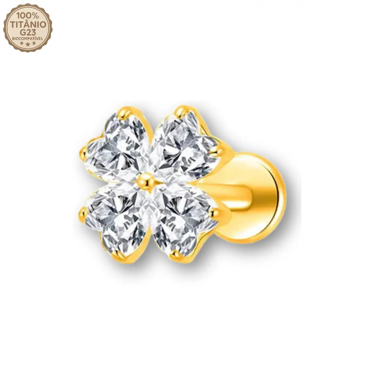 Piercing labret de titânio formato trevo dourado com zircônias - vista em detalhe