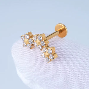 Piercing Labret Trio de Flores dourado com zircônias