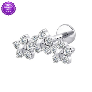 Piercing Labret Trio de Flores prateado com zircônias em detalhe